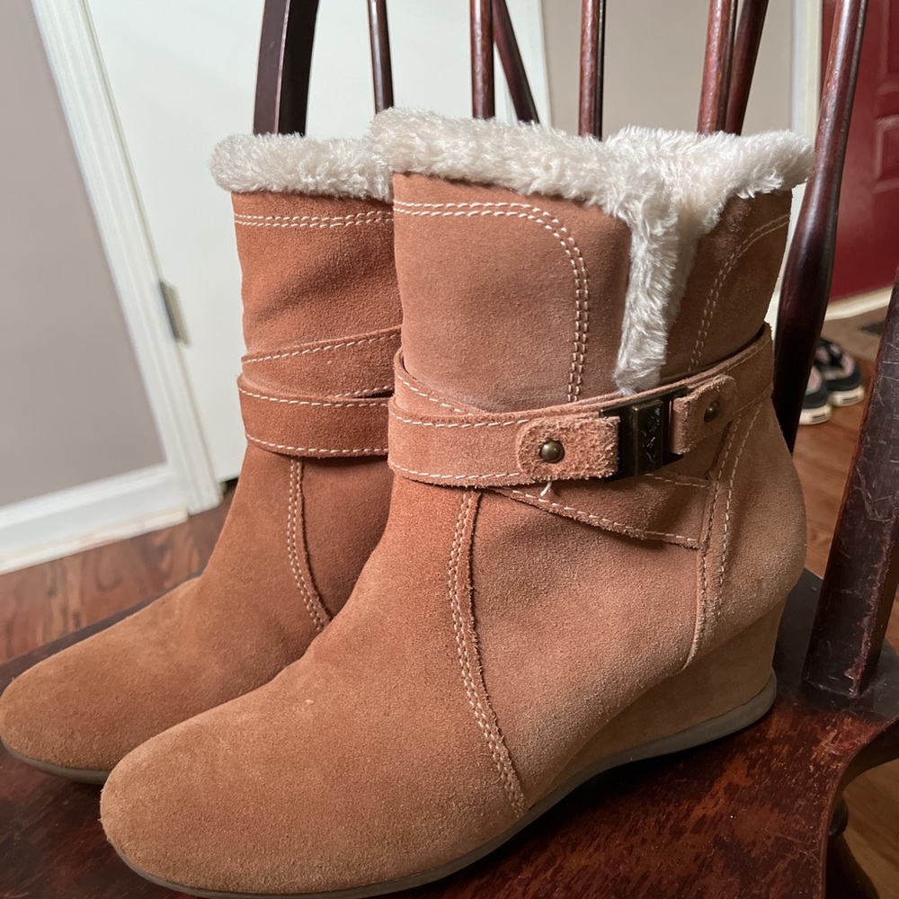 Anne Klein light brown suede wedge boots, 8.5